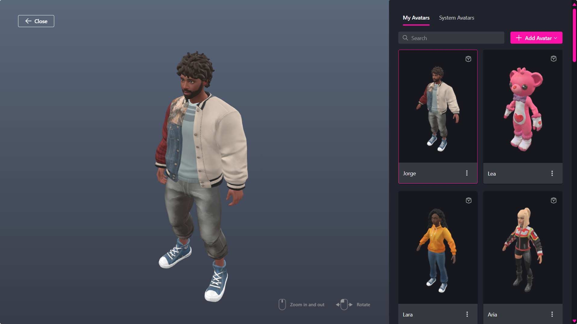 Screenshot of avatar selection screen